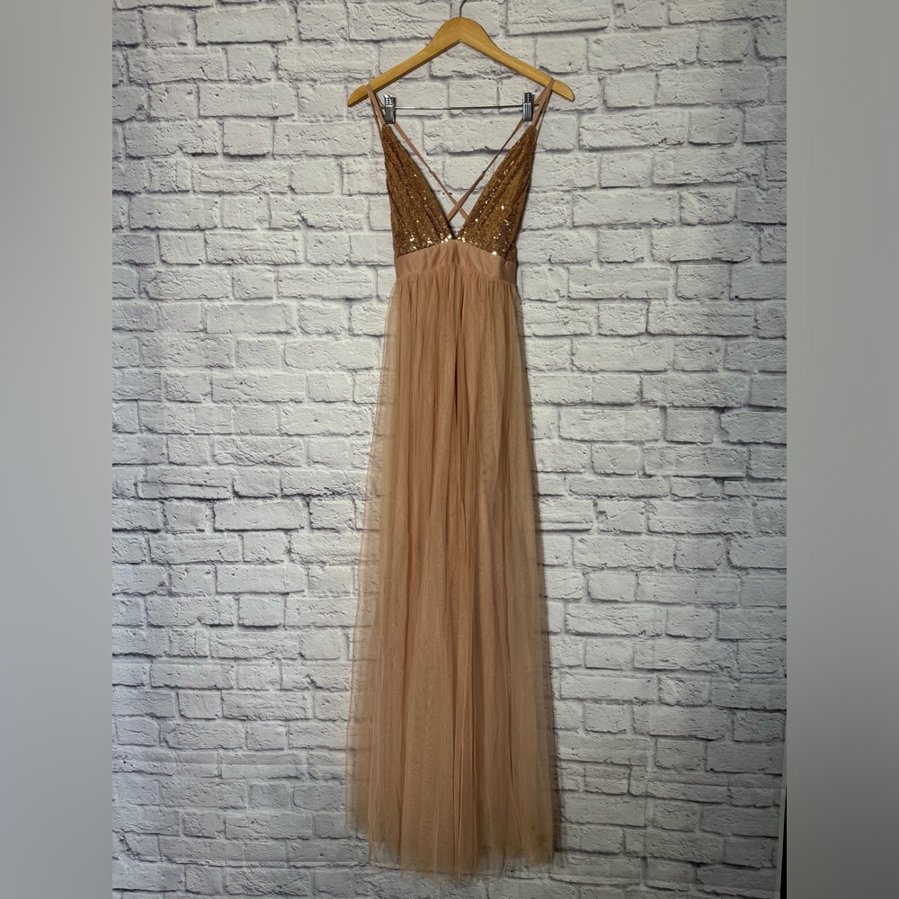 Long formal pink sequin and toole dress